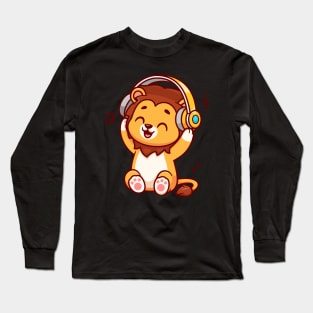 Cute Lion Listening Music With Headphone Cartoon Long Sleeve T-Shirt